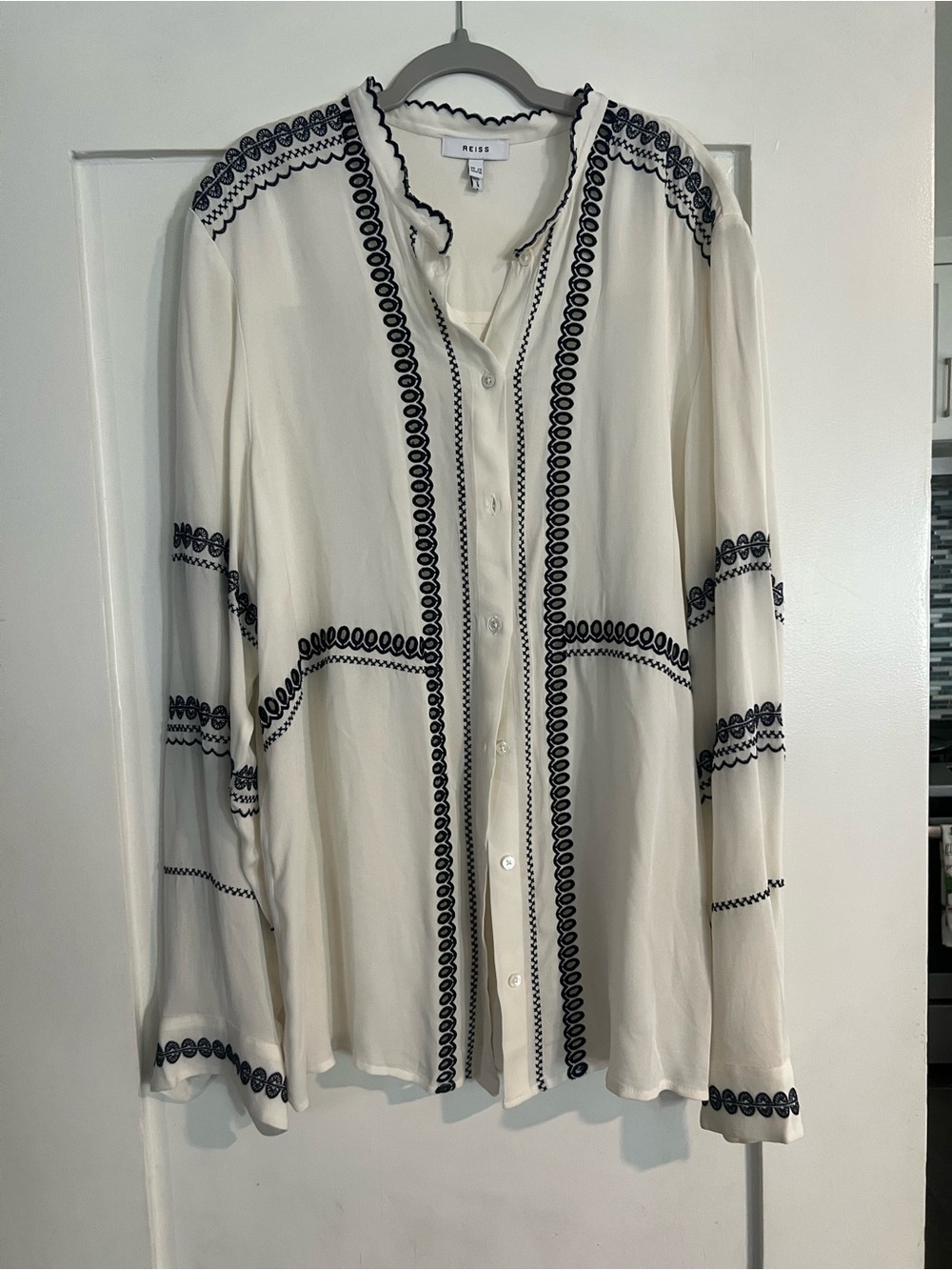 Reiss Cream Button-Down Blouse with Black Embroidery